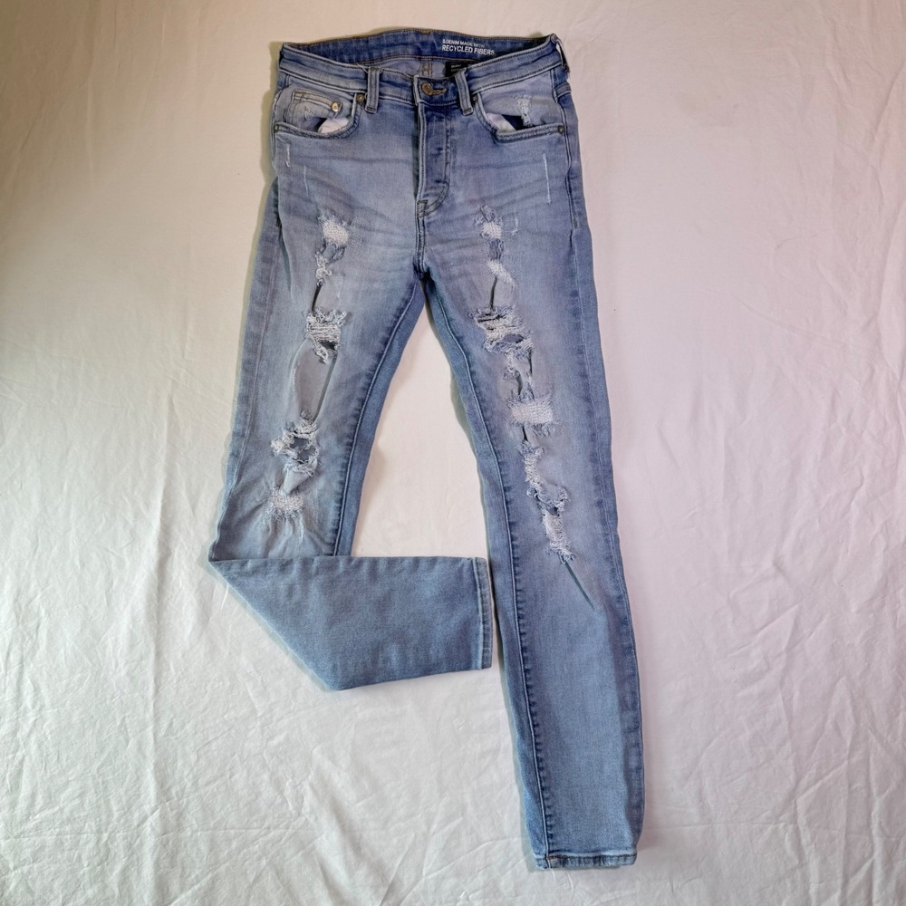 HM Skinny &Denim Light Wash Distressed Ripped Jeans Button Fly 28/30 Womens